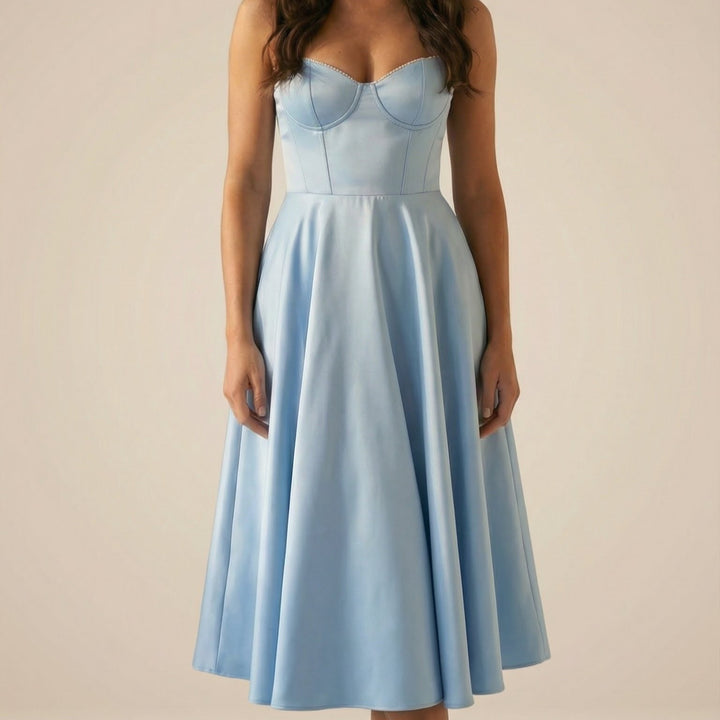 LORENA V-NECK MIDI DRESS WITH SOFT LAYERED SKIRT | TIMELESS ELEGANCE