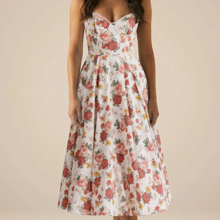 LORENA V-NECK MIDI DRESS WITH SOFT LAYERED SKIRT | TIMELESS ELEGANCE