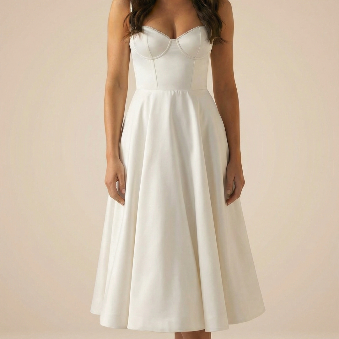 LORENA V-NECK MIDI DRESS WITH SOFT LAYERED SKIRT | TIMELESS ELEGANCE