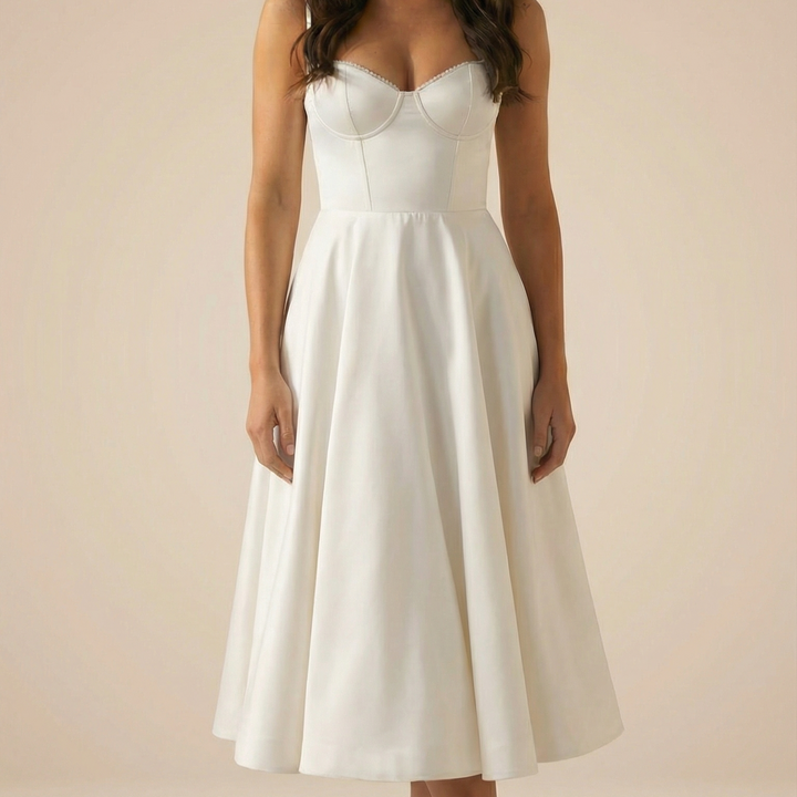 LORENA V-NECK MIDI DRESS WITH SOFT LAYERED SKIRT | TIMELESS ELEGANCE