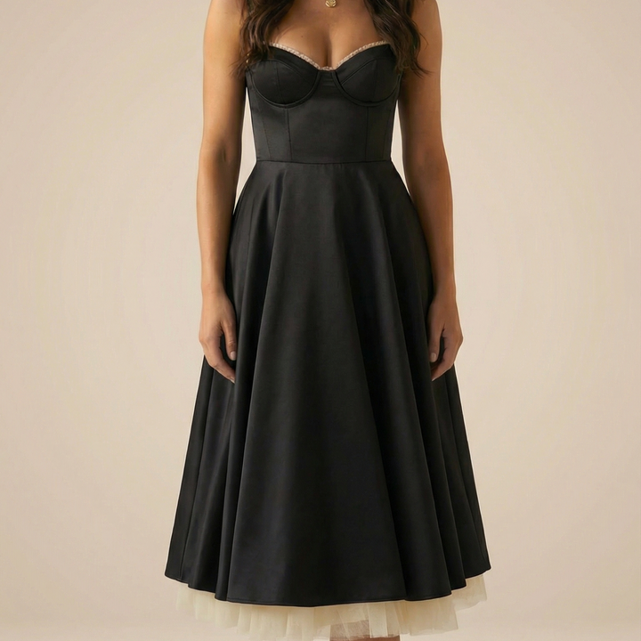 LORENA V-NECK MIDI DRESS WITH SOFT LAYERED SKIRT | TIMELESS ELEGANCE