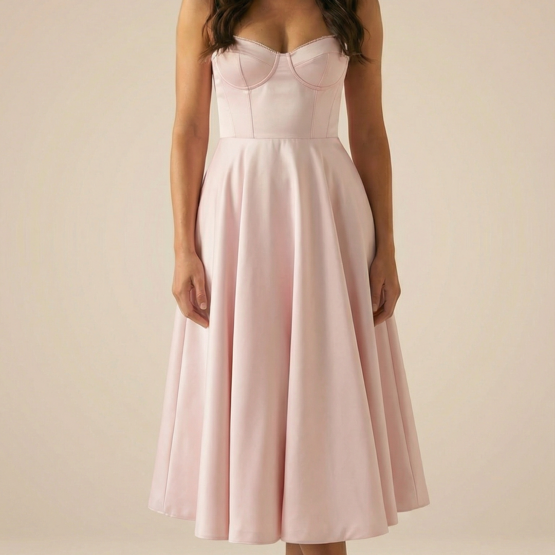 LORENA V-NECK MIDI DRESS WITH SOFT LAYERED SKIRT | TIMELESS ELEGANCE