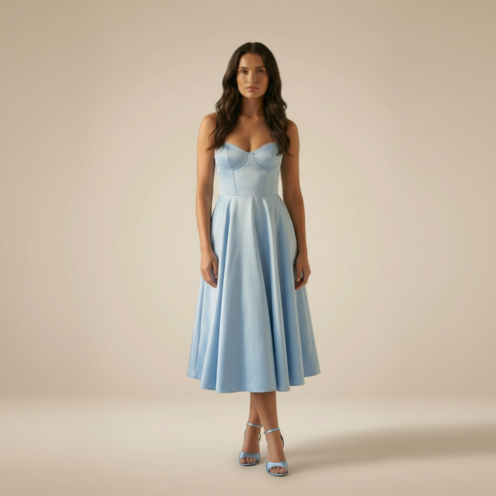 LORENA V-NECK MIDI DRESS WITH SOFT LAYERED SKIRT | TIMELESS ELEGANCE