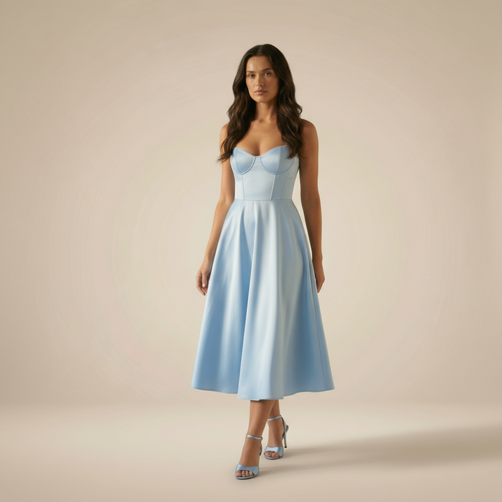 LORENA V-NECK MIDI DRESS WITH SOFT LAYERED SKIRT | TIMELESS ELEGANCE