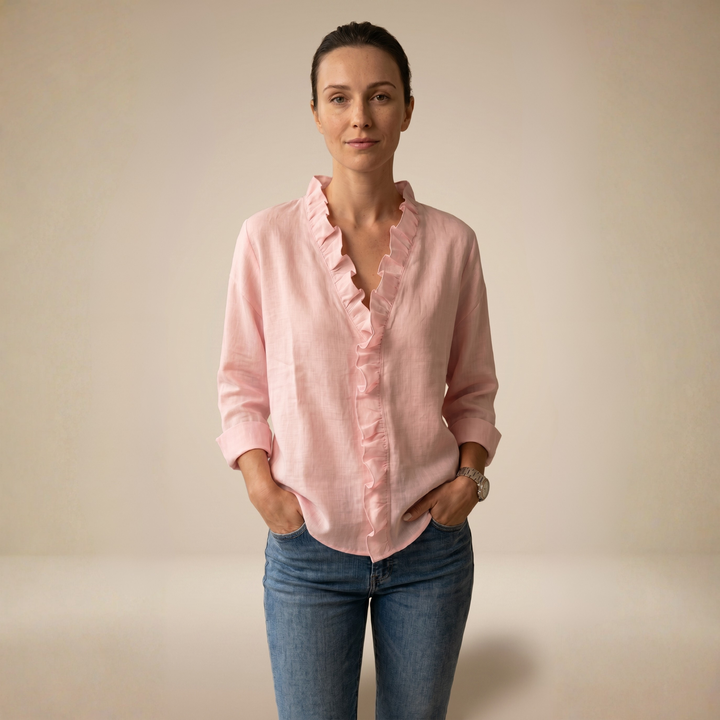 CHANDRIA | V-NECK BLOUSE WITH DELICATE RUFFLES