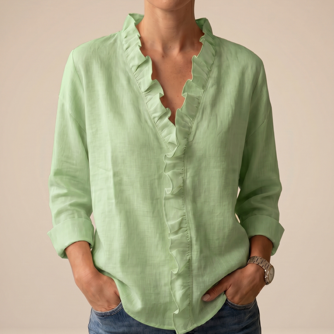CHANDRIA | V-NECK BLOUSE WITH DELICATE RUFFLES