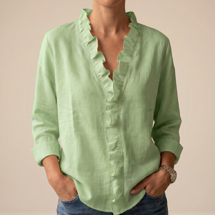 CHANDRIA | V-NECK BLOUSE WITH DELICATE RUFFLES
