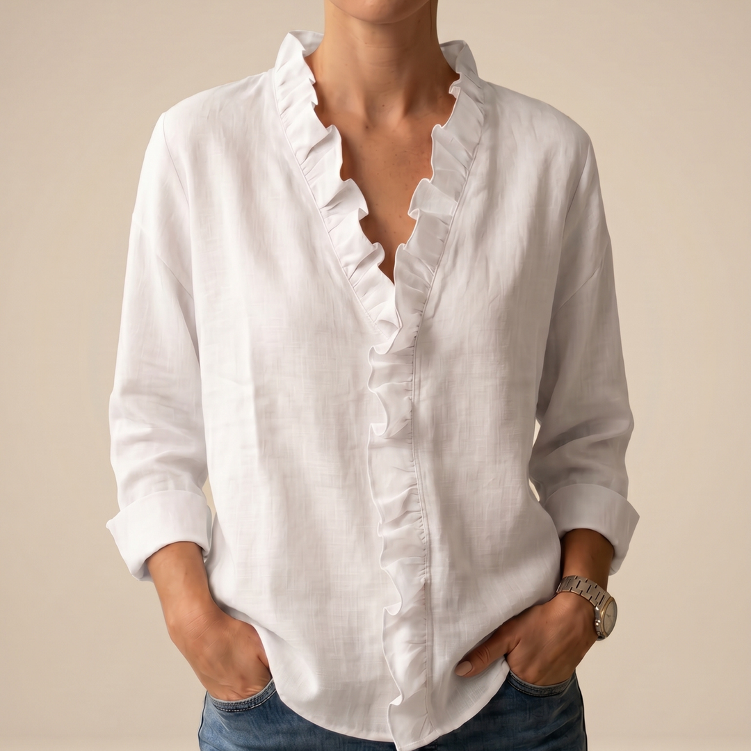 CHANDRIA | V-NECK BLOUSE WITH DELICATE RUFFLES