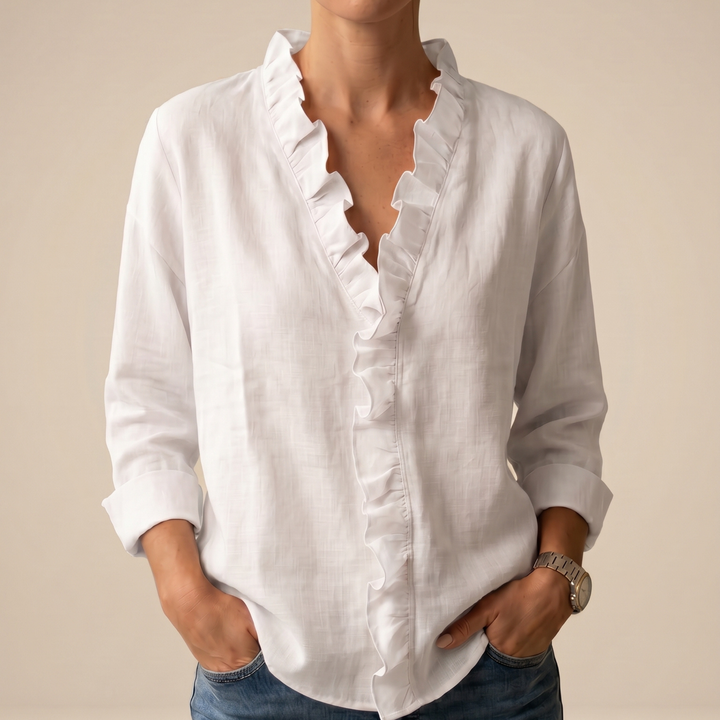 CHANDRIA | V-NECK BLOUSE WITH DELICATE RUFFLES